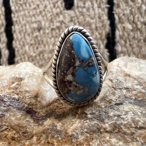Navajo Jewelry - ❤️ Golden Hills Turquoise Brushed 925 Southwestern Navajo Ring SZ 8 Matte Stone